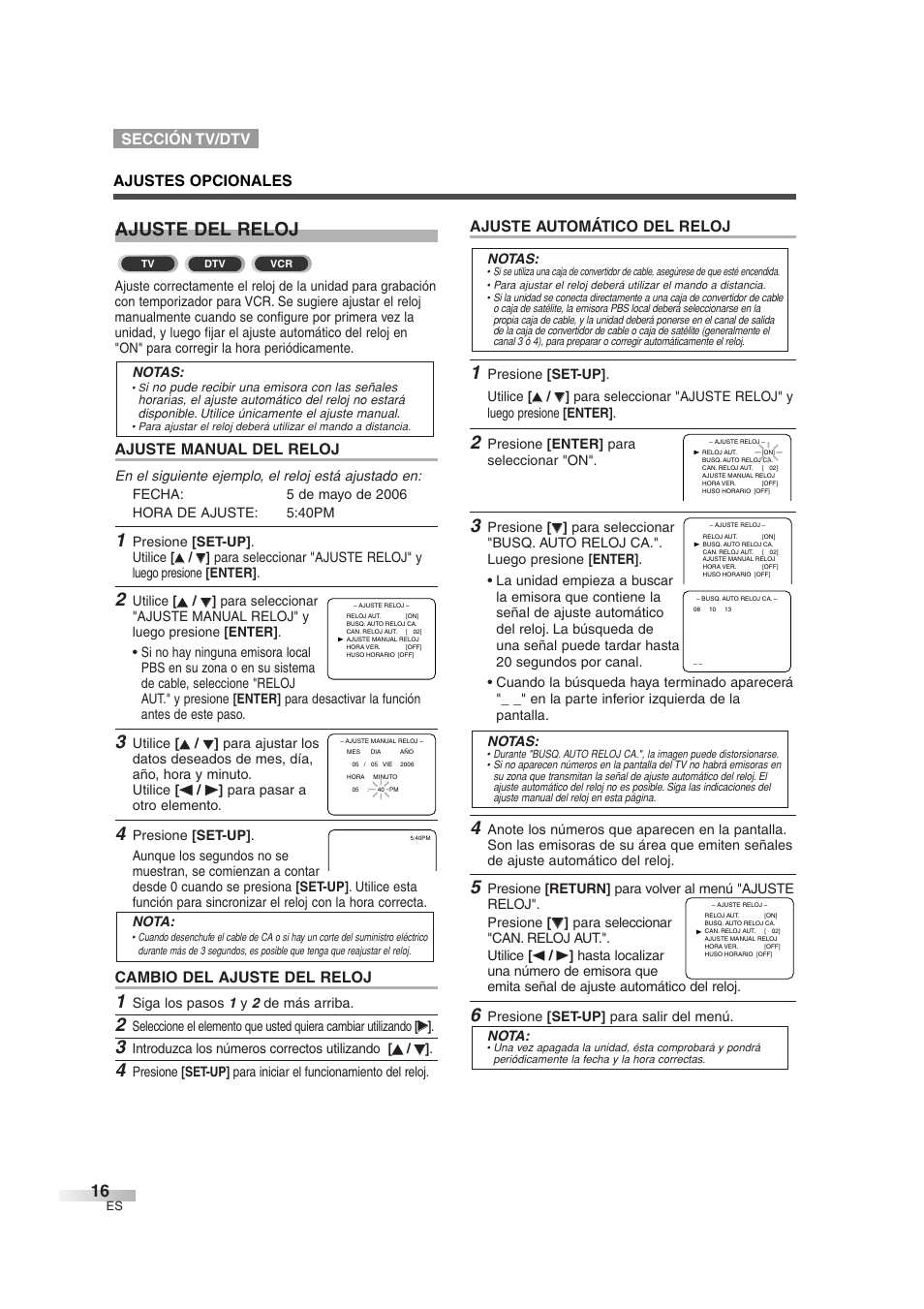 Ajuste del reloj, Ajuste manual del reloj, Cambio del ajuste del reloj | Ajuste automático del reloj, Sección tv/dtv ajustes opcionales | Sylvania 6727DG User Manual | Page 64 / 96