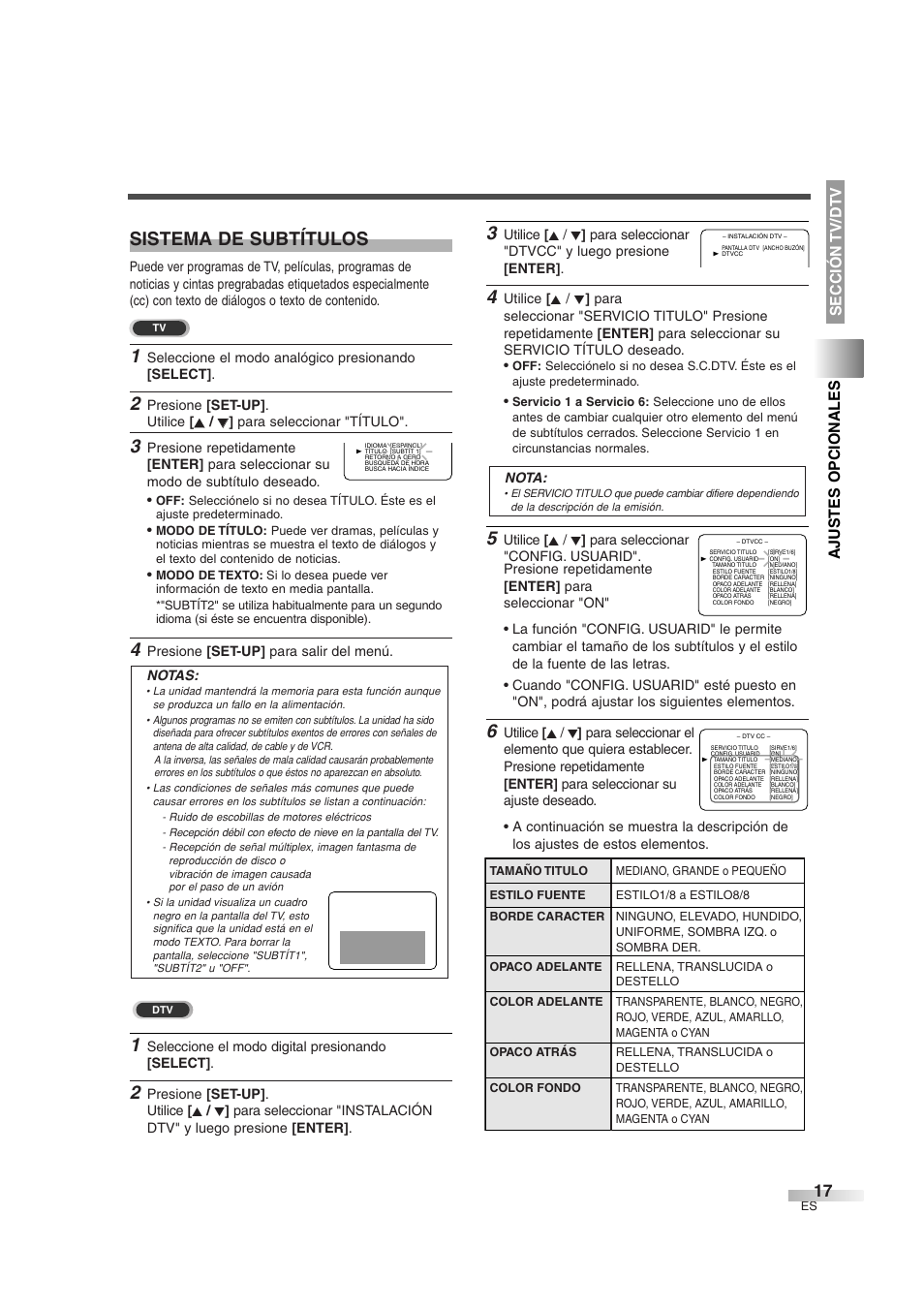 Sistema de subtítulos, Ajustes opcionales sección tv/dtv | Sylvania 6727DG User Manual | Page 65 / 96