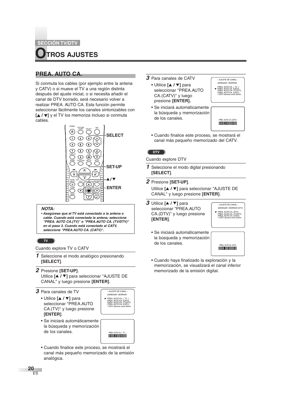Tros ajustes, Prea. auto ca, Sección tv/dtv | Seleccione el modo digital presionando [select, Seleccione el modo analógico presionando [select, Nota, Set-up select k / l enter | Sylvania 6727DG User Manual | Page 68 / 96