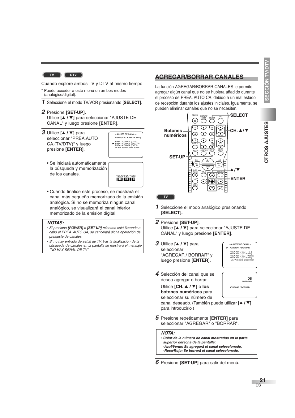 Agregar/borrar canales, Ot r os ajustes sección tv/dtv, Cuando explore ambos tv y dtv al mismo tiempo | Seleccione el modo tv/vcr presionando [select, Seleccione el modo analógico presionando [select, Presione [set-up] para salir del menú. nota | Sylvania 6727DG User Manual | Page 69 / 96