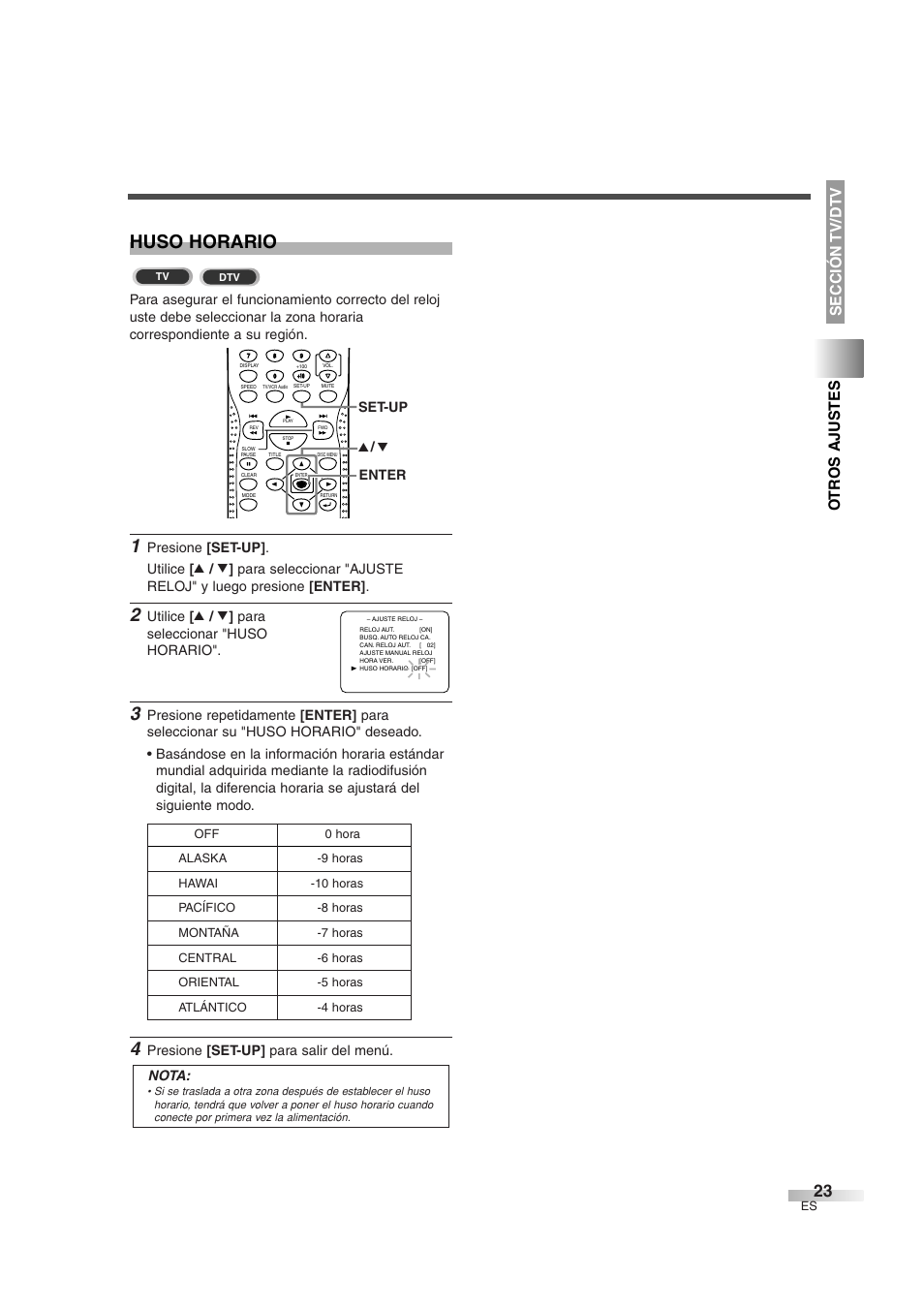 Huso horario, Ot r os ajustes, Sección tv/dtv | Utilice [ k / l ] para seleccionar "huso horario, Presione [set-up] para salir del menú. nota, Set-up k / l enter | Sylvania 6727DG User Manual | Page 71 / 96