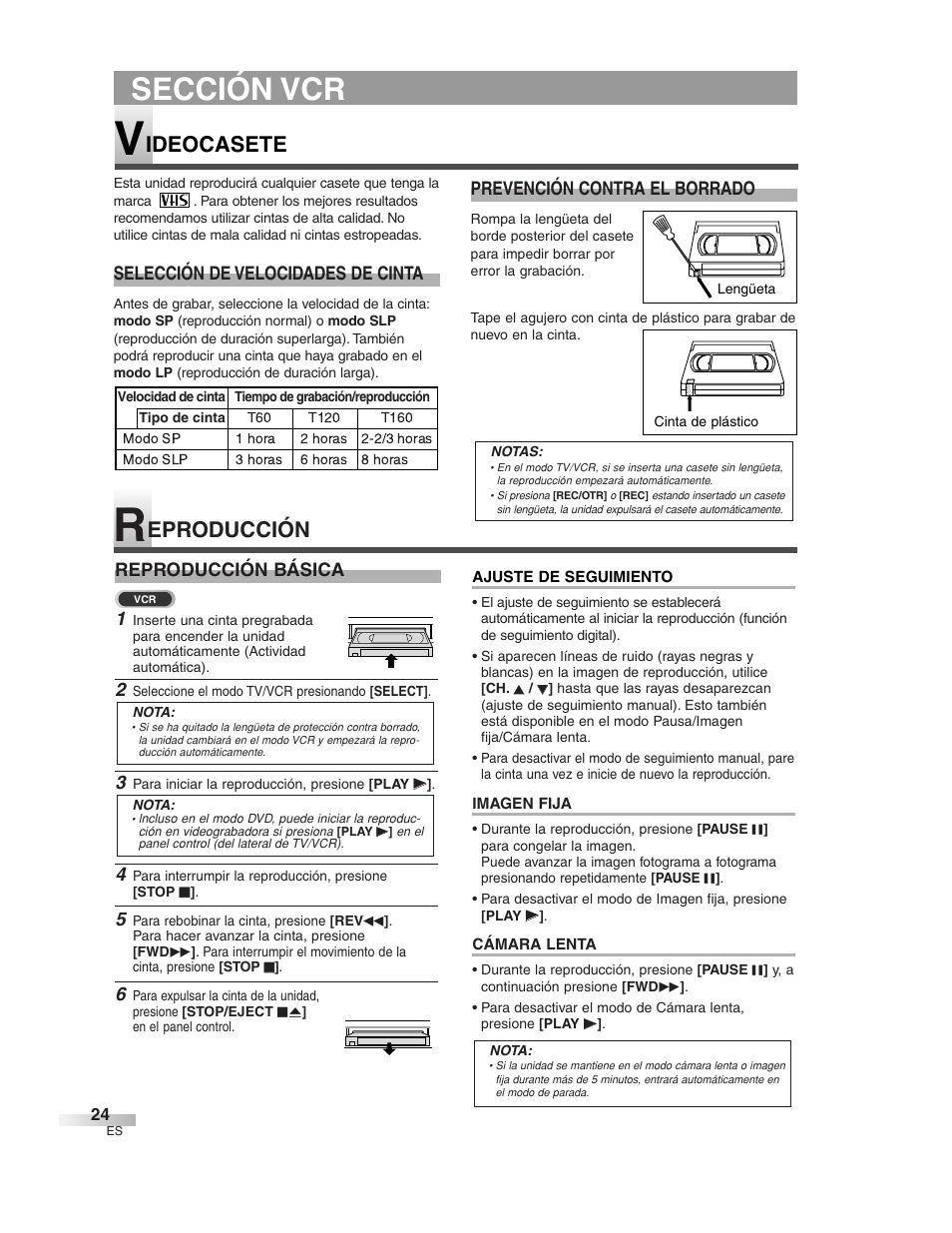 Sección vcr, Eproducción, Ideocasete | Selección de velocidades de cinta, Prevención contra el borrado, Reproducción básica | Sylvania 6727DG User Manual | Page 72 / 96