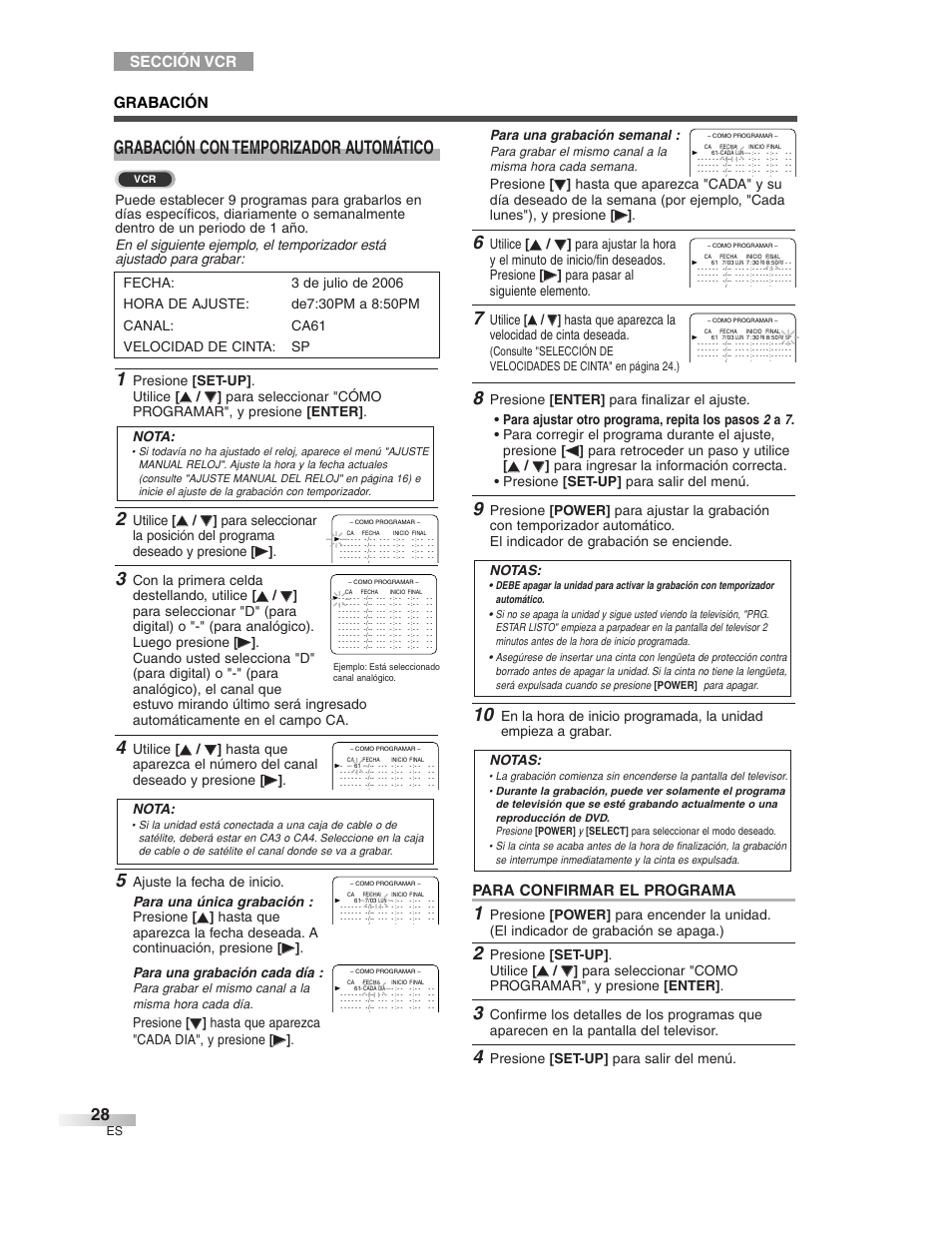 Grabación con temporizador automático, Sección vcr, Para confirmar el programa | Grabación, Para una grabación semanal, Presione, Utilice, Hasta que aparezca la velocidad de cinta deseada, Presione [set-up] . utilice, Presione [set-up] para salir del menú. notas | Sylvania 6727DG User Manual | Page 76 / 96