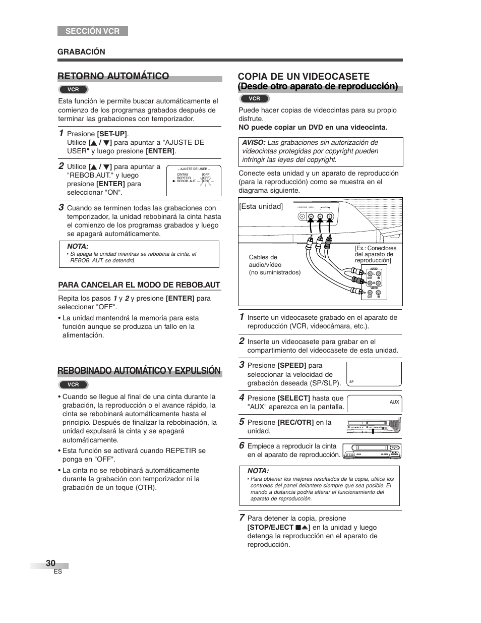 Rebobinado automático y expulsión, Para cancelar el modo de rebob.aut, Grabación | Sección vcr | Sylvania 6727DG User Manual | Page 78 / 96