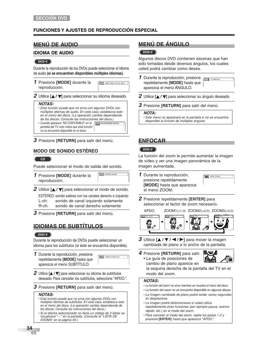 Enfocar, Menú de audio, Idiomas de subtítulos | Menú de ángulo | Sylvania 6727DG User Manual | Page 82 / 96