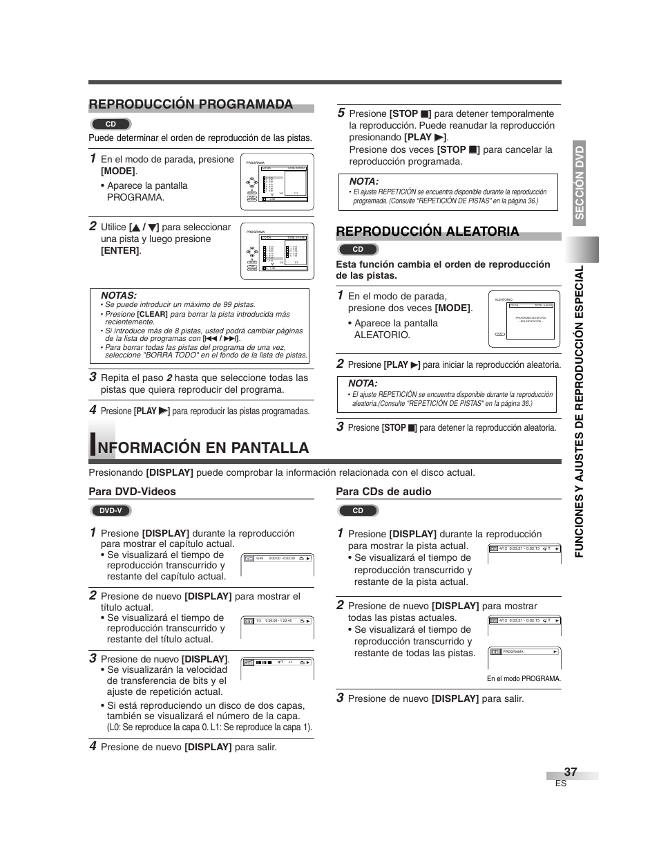 Nformación en pantalla, Reproducción programada reproducción aleatoria, Para dvd-videos | Para cds de audio, Funciones y ajustes de repr oducción especial, Sección d v d | Sylvania 6727DG User Manual | Page 85 / 96