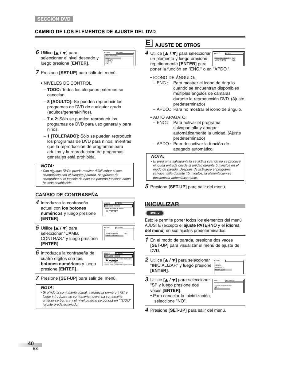 Inicializar, Sección dvd ajuste de otros, Cambio de contraseña | Cambio de los elementos de ajuste del dvd | Sylvania 6727DG User Manual | Page 88 / 96