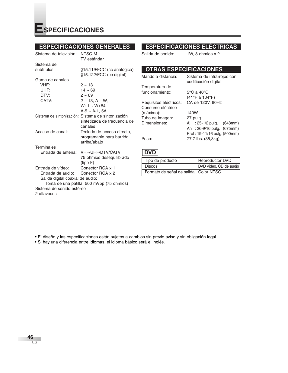 Specificaciones, Especificaciones generales, Especificaciones eléctricas | Otras especificaciones | Sylvania 6727DG User Manual | Page 94 / 96