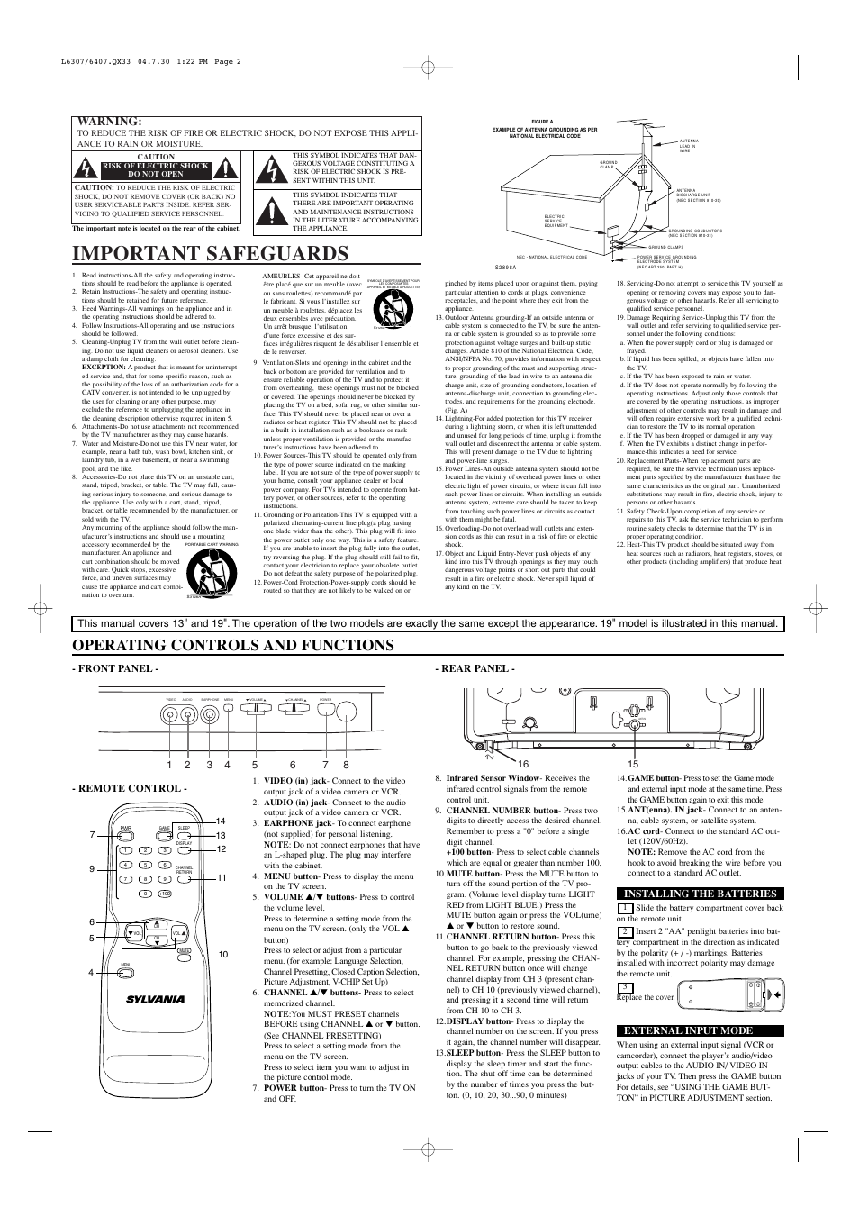 Important safeguards, Operating controls and functions, Warning | Front panel - - rear panel, Remote control, Installing the batteries, External input mode | Sylvania SRT2213B User Manual | Page 2 / 8