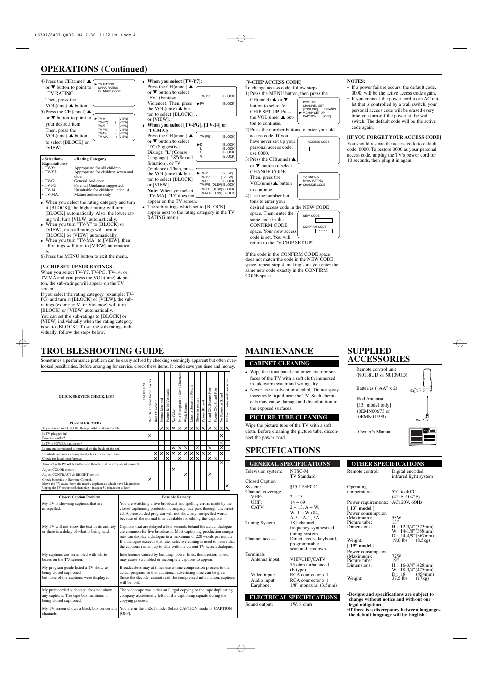 Specifications maintenance, Supplied accessories troubleshooting guide, Operations (continued) | Owner’s manual | Sylvania SRT2213B User Manual | Page 4 / 8