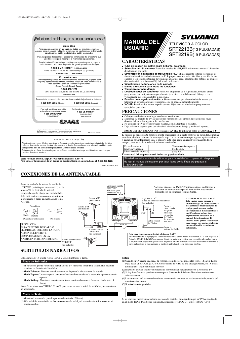 Manual del usuario, Srt2213b, Srt2219b | Conexiones de la antena/cable precauciones, Características, Subtitulos narrativos, Solucione el problema, en su casa o en la nuestra, Ant.in, Televisor a color, 13 pulgadas) | Sylvania SRT2213B User Manual | Page 5 / 8