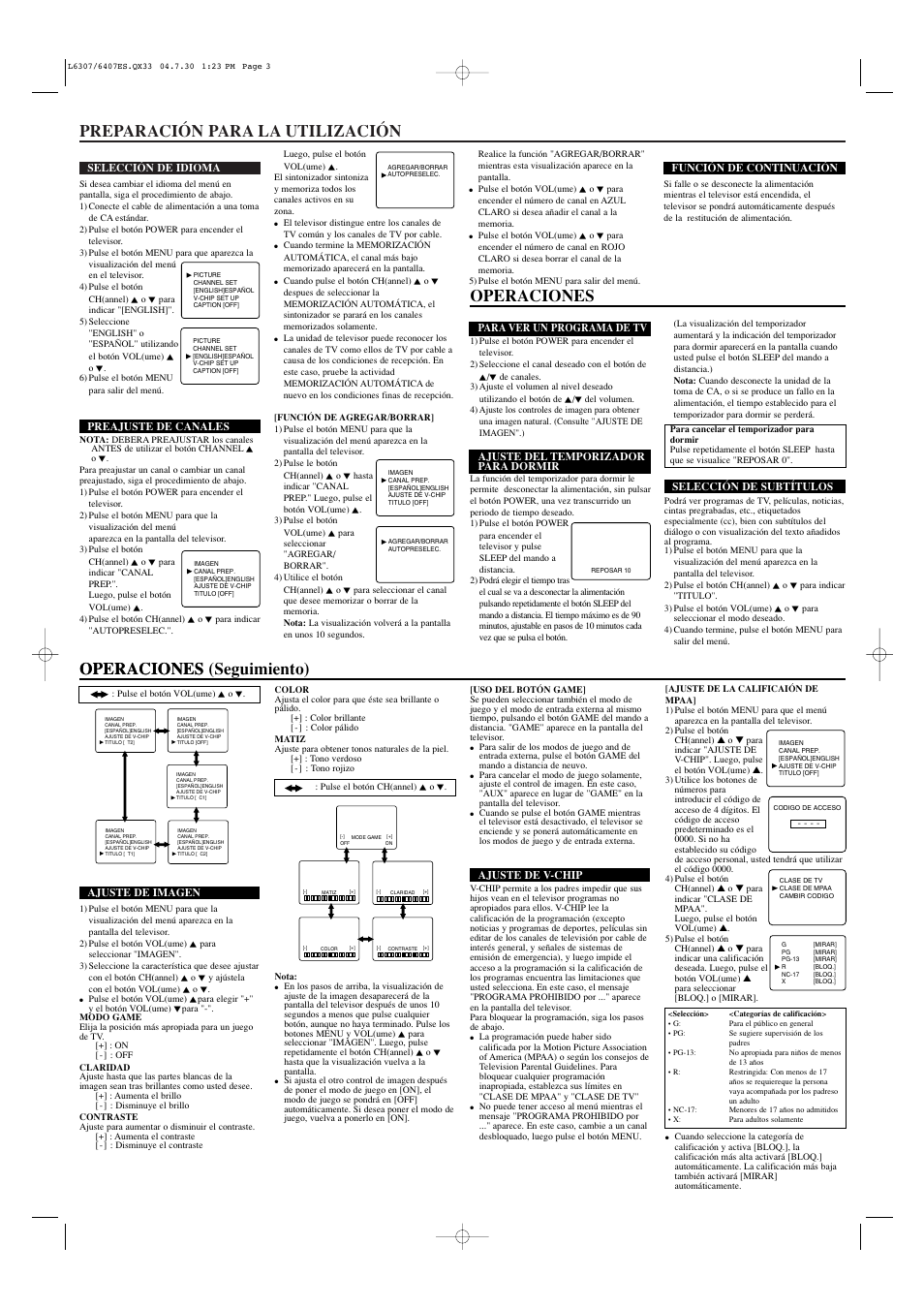 Preparación para la utilización, Operaciones, Operaciones (seguimiento) operaciones | Sylvania SRT2213B User Manual | Page 7 / 8