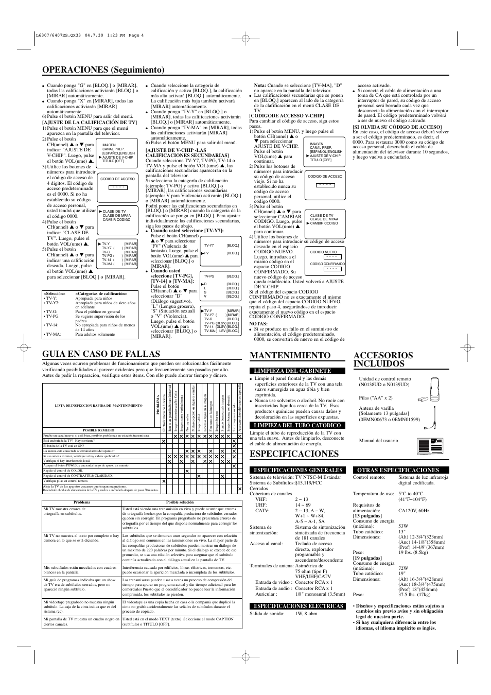 Accesorios incluidos guia en caso de fallas, Especificaciones, Mantenimiento operaciones (seguimiento) | Owner’s manual | Sylvania SRT2213B User Manual | Page 8 / 8