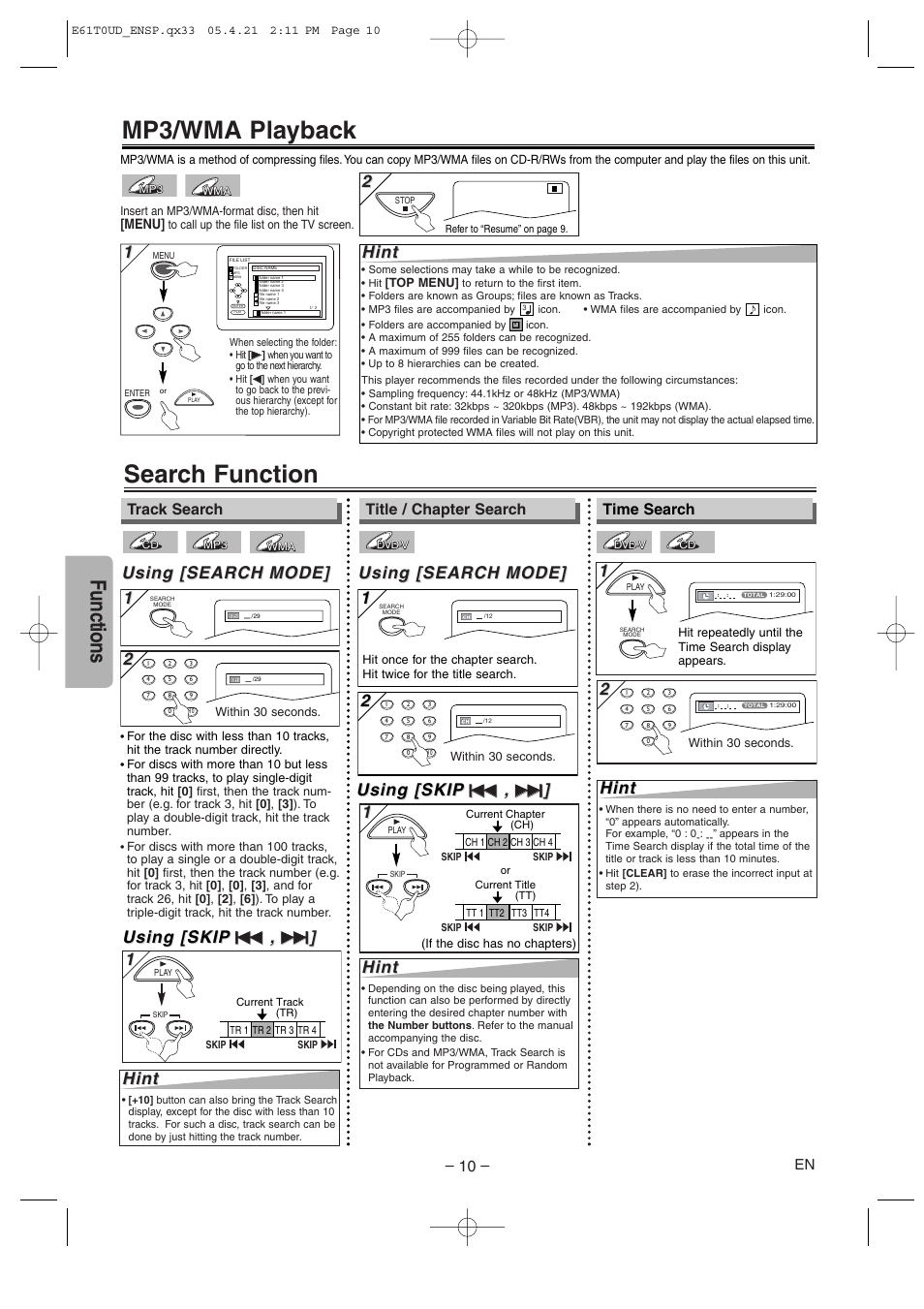 Search function, Mp3/wma playback, Functions | Using [search, Using [search mode] mode, Using [skip, Hint, Time search, Track search, Title / chapter search | Sylvania DVL515 User Manual | Page 10 / 20