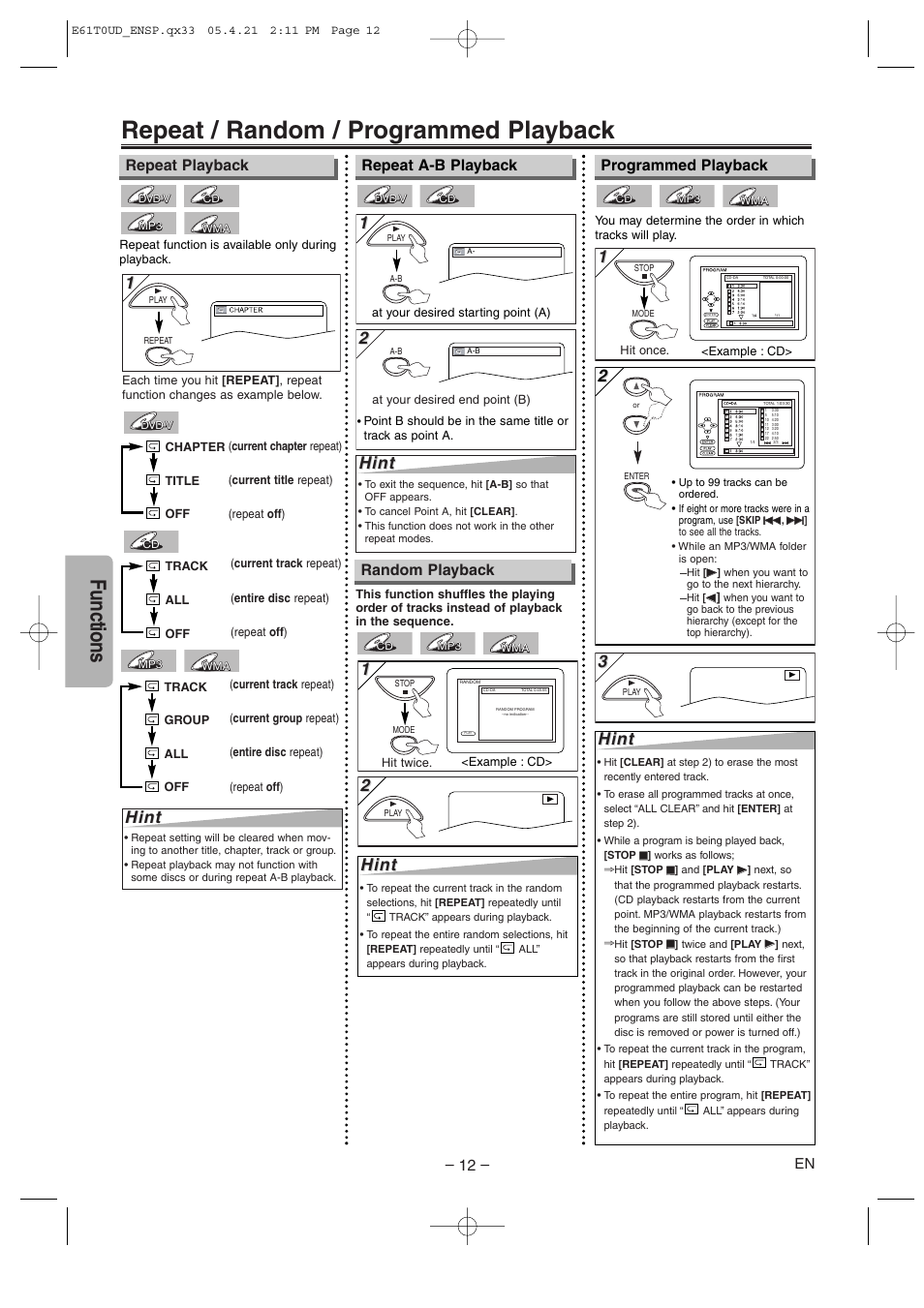 Repeat / random / programmed playback, Functions, Hint | Random playback | Sylvania DVL515 User Manual | Page 12 / 20
