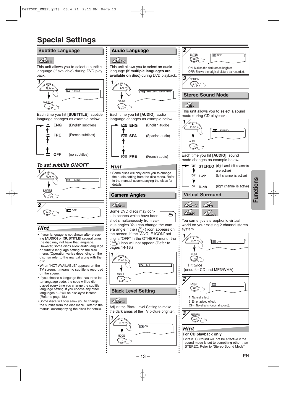 Special settings, Functions, Hint | Audio language, Stereo sound mode camera angles, Subtitle language, Black level setting, Virtual surround | Sylvania DVL515 User Manual | Page 13 / 20