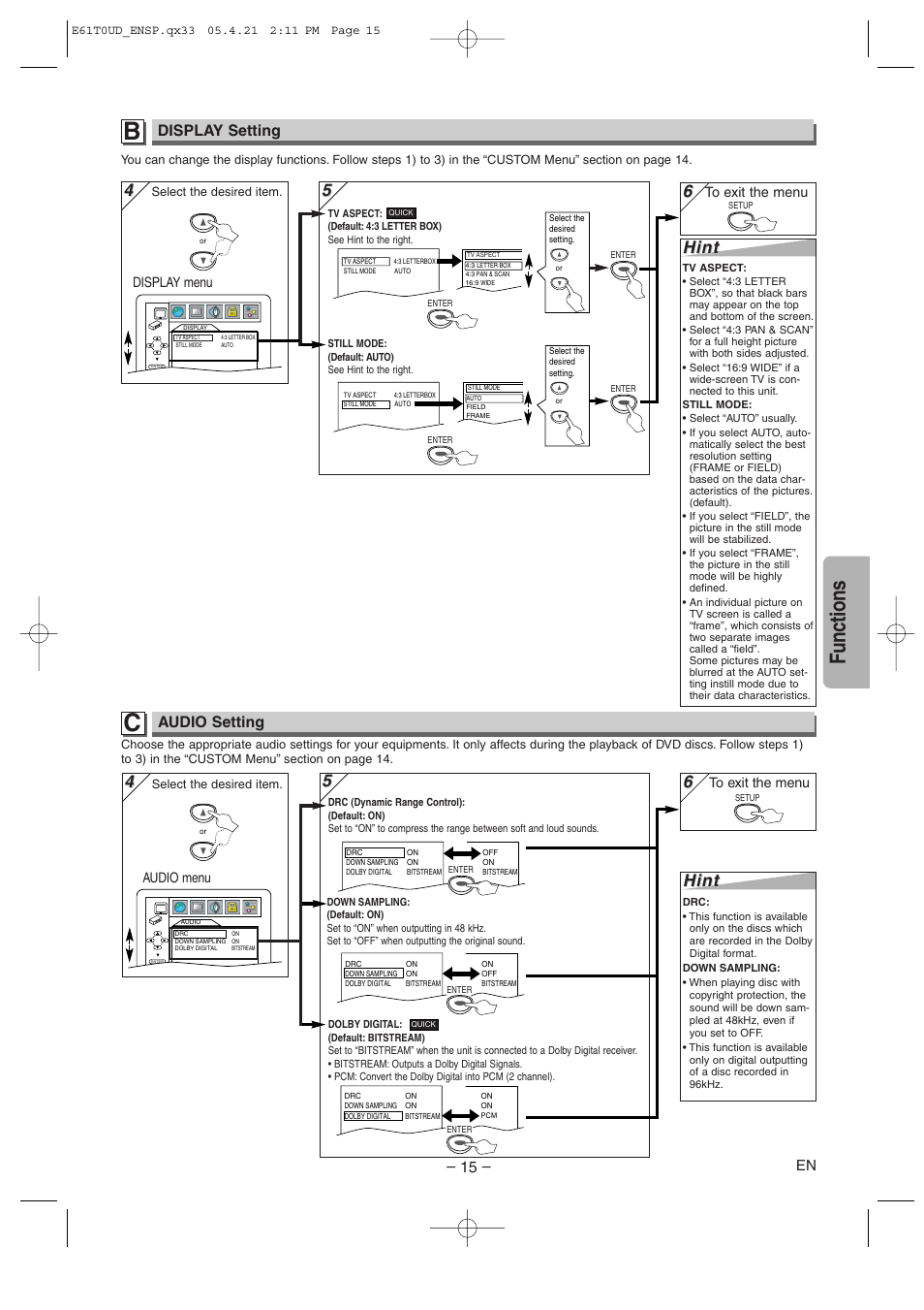 Functions, Hint, Display setting | Audio setting | Sylvania DVL515 User Manual | Page 15 / 20