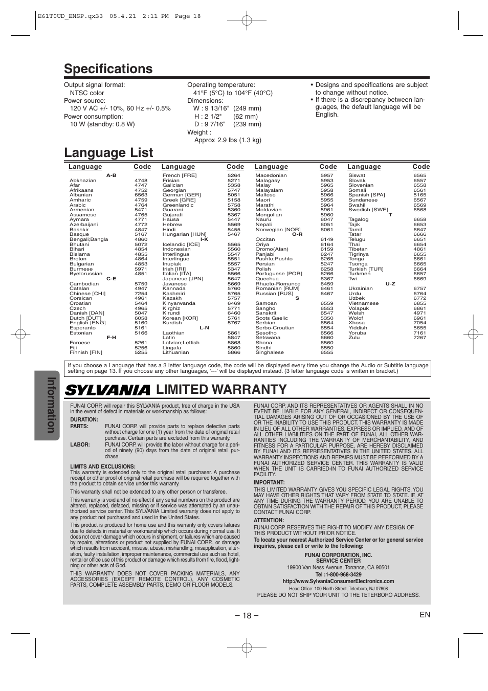 Language list, Specifications, Limited warranty | Inf ormation | Sylvania DVL515 User Manual | Page 18 / 20