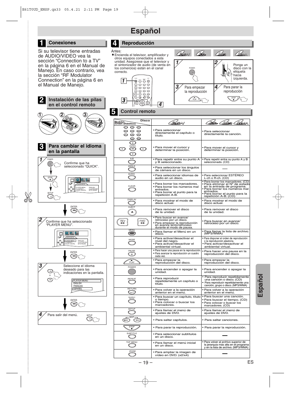 Español, Conexiones, Para cambiar el idioma en la pantalla | Reproducción, Control remoto, Instalación de las pilas en el control remoto | Sylvania DVL515 User Manual | Page 19 / 20