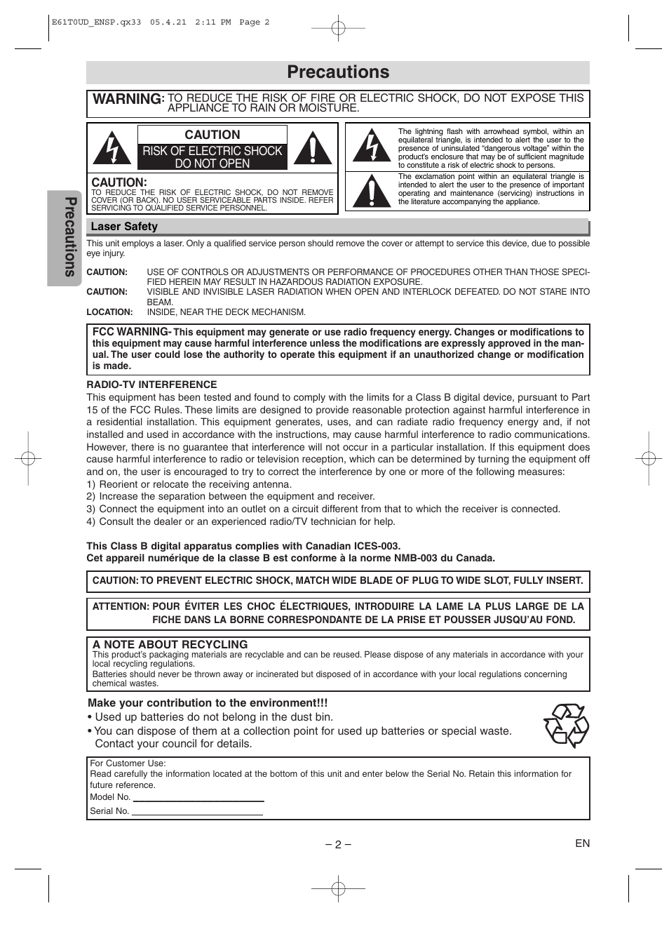 Precautions, Warning | Sylvania DVL515 User Manual | Page 2 / 20