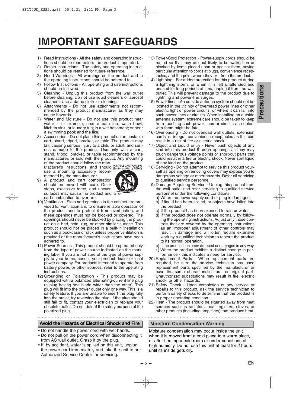 Important safeguards, Precautions | Sylvania DVL515 User Manual | Page 3 / 20