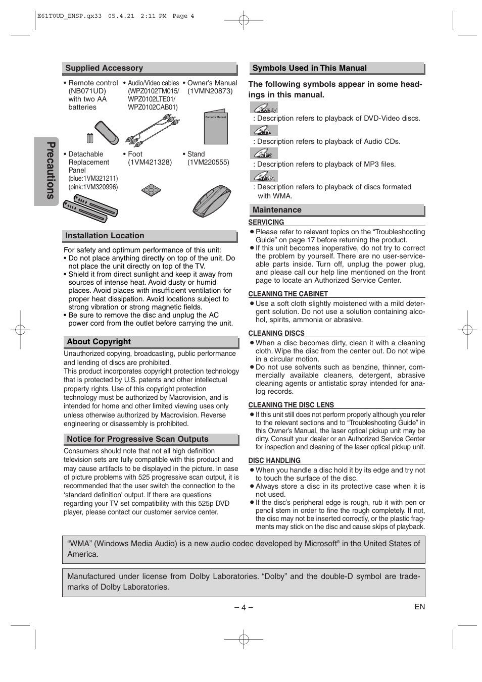 Precautions | Sylvania DVL515 User Manual | Page 4 / 20