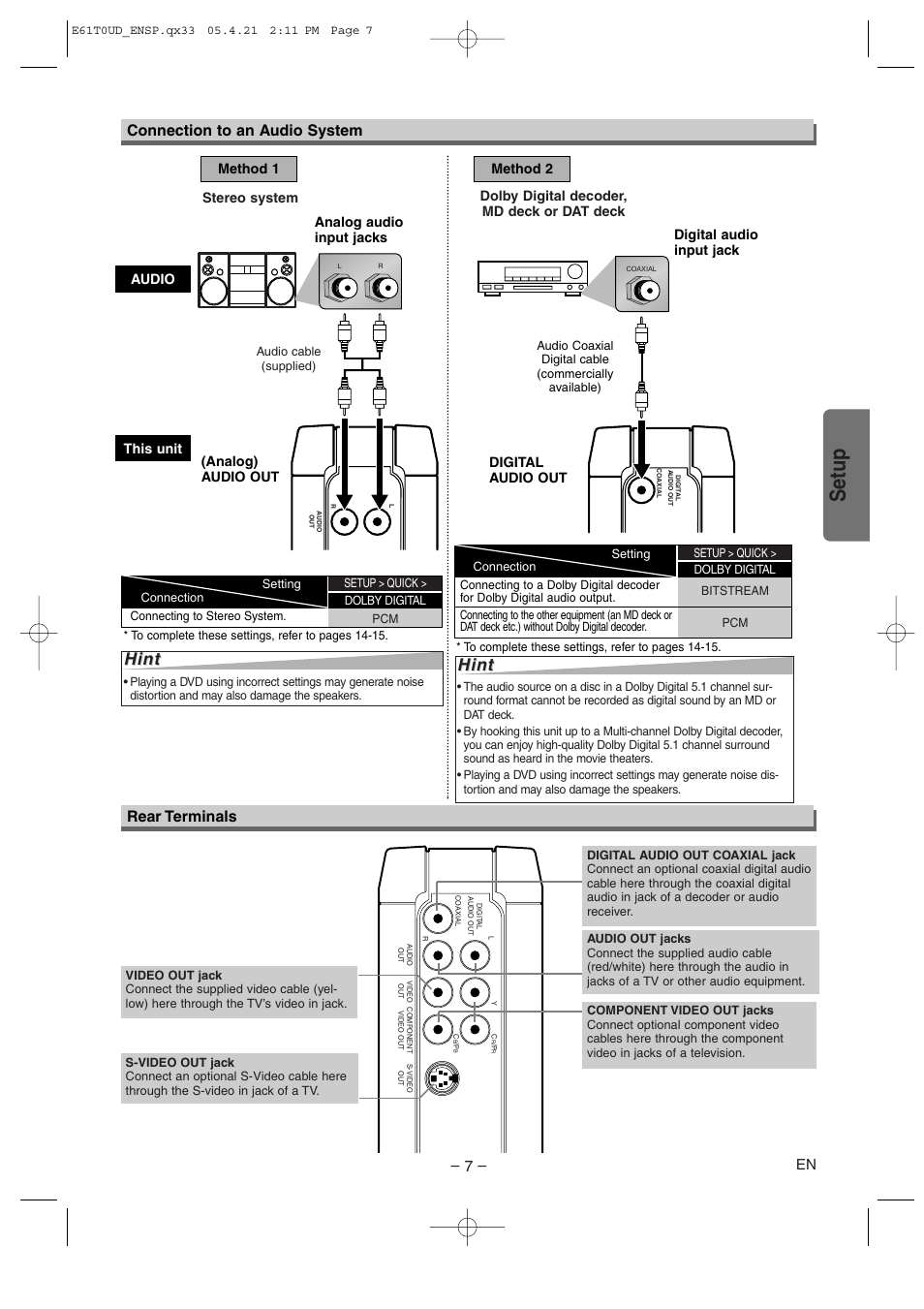Setup, Hint, Rear terminals connection to an audio system | Stereo system, Dolby digital decoder, md deck or dat deck | Sylvania DVL515 User Manual | Page 7 / 20