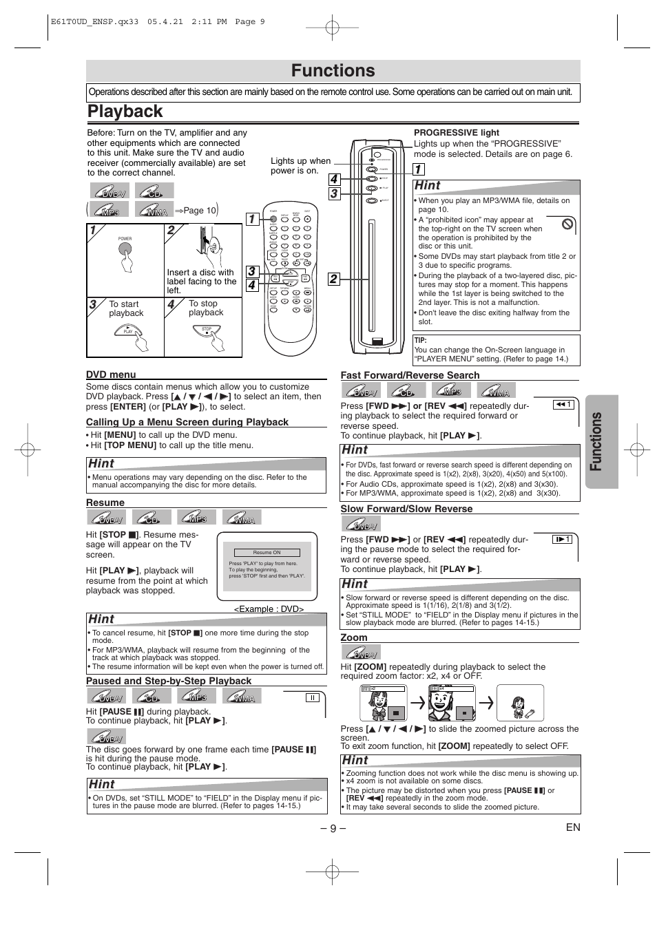 Playback, Functions, Hint | Sylvania DVL515 User Manual | Page 9 / 20