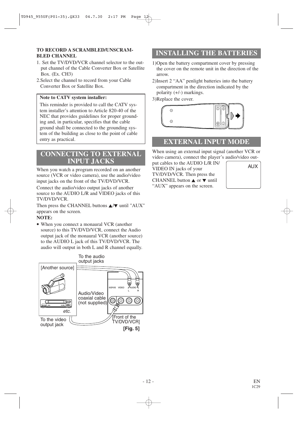 Installing the batteries, External input mode, Connecting to external input jacks | Sylvania SRCD223B User Manual | Page 12 / 56