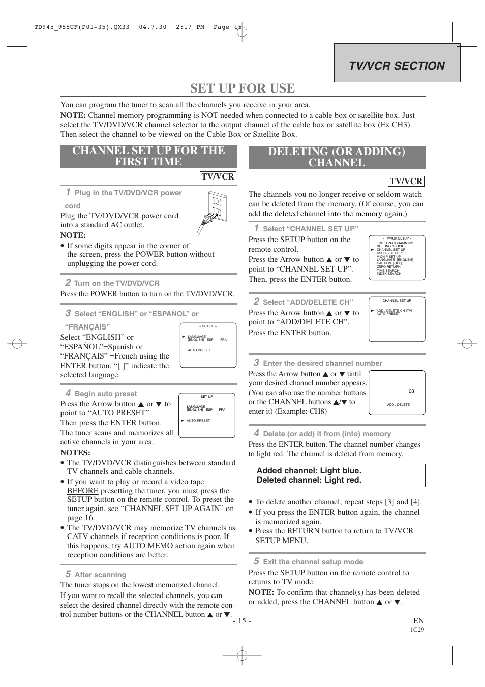 Set up for use, Channel set up for the first time, Deleting (or adding) channel | Sylvania SRCD223B User Manual | Page 15 / 56