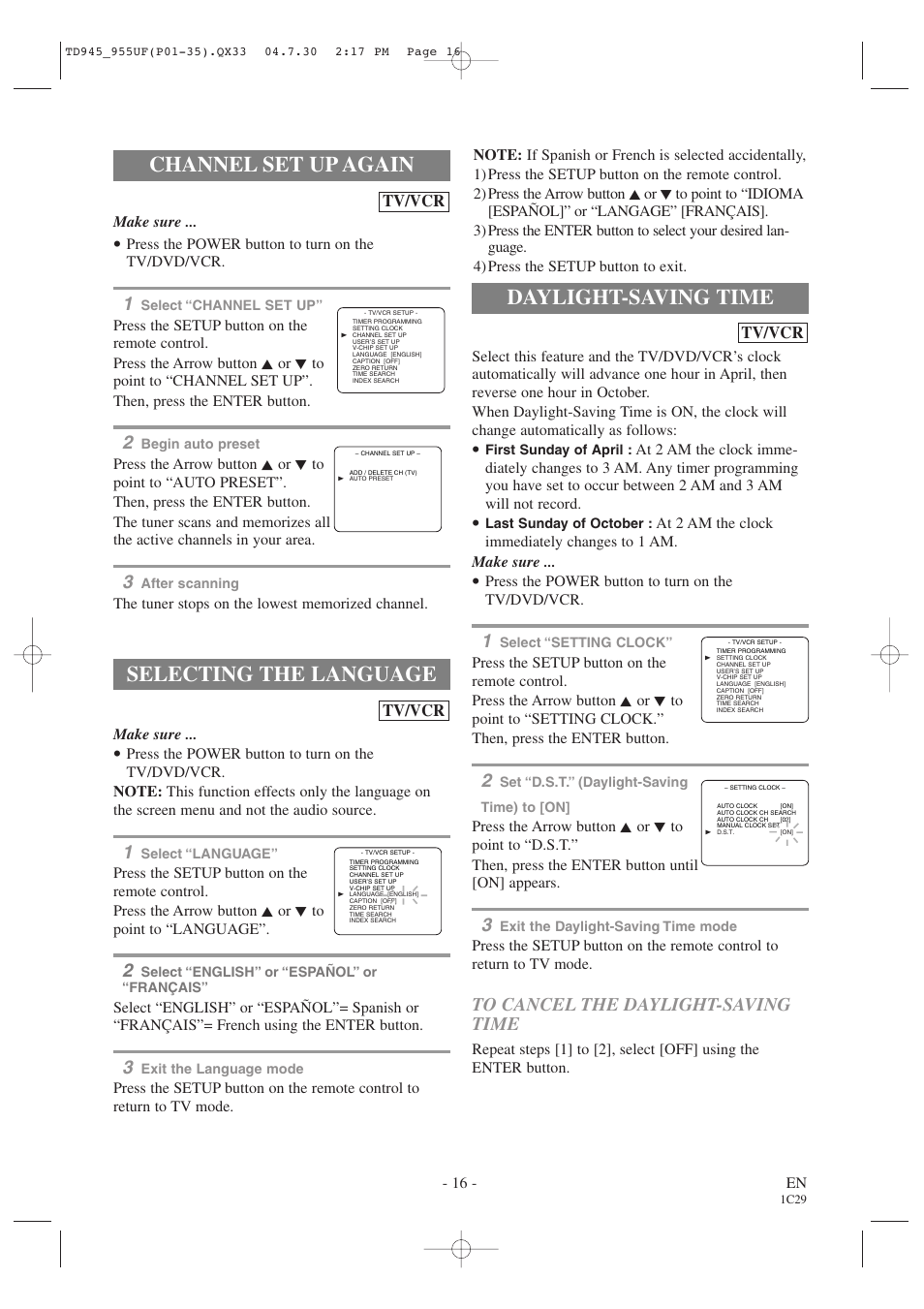 Channel set up again, Selecting the language, Daylight-saving time | Sylvania SRCD223B User Manual | Page 16 / 56