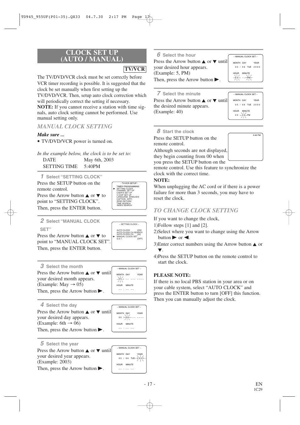 Clock set up (auto / manual), Manual clock setting, Tv/vcr | 17 - en, Make sure | Sylvania SRCD223B User Manual | Page 17 / 56