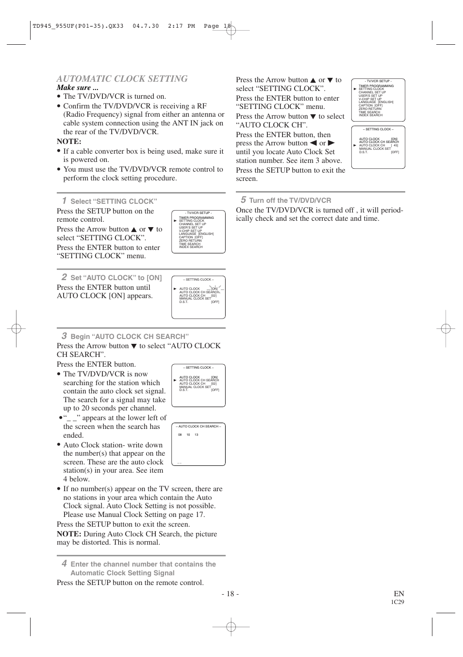 Automatic clock setting, 18 - en, Make sure | The tv/dvd/vcr is turned on | Sylvania SRCD223B User Manual | Page 18 / 56