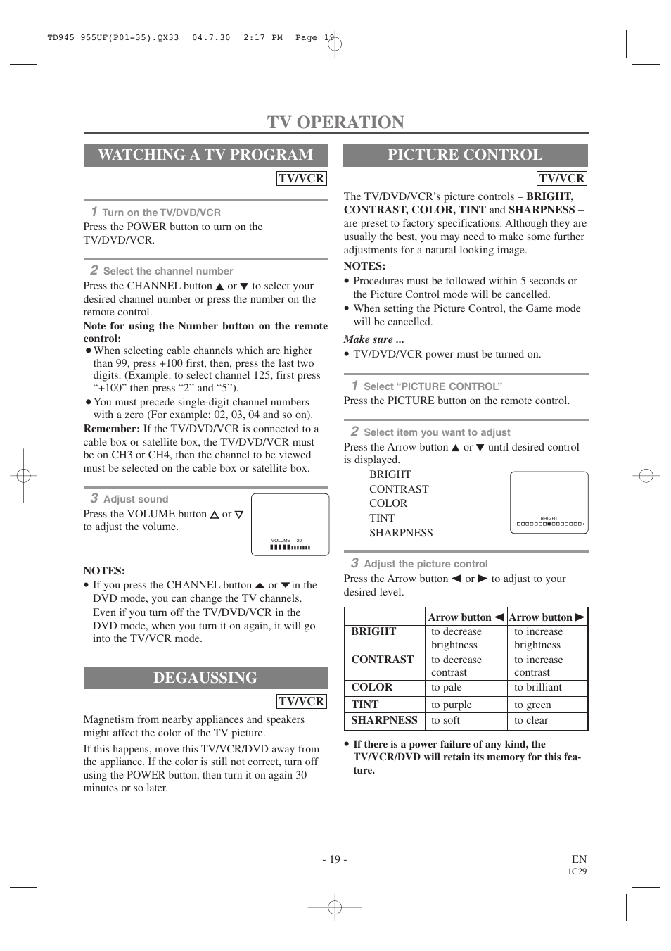 Tv operation, Degaussing, Watching a tv program | Picture control | Sylvania SRCD223B User Manual | Page 19 / 56