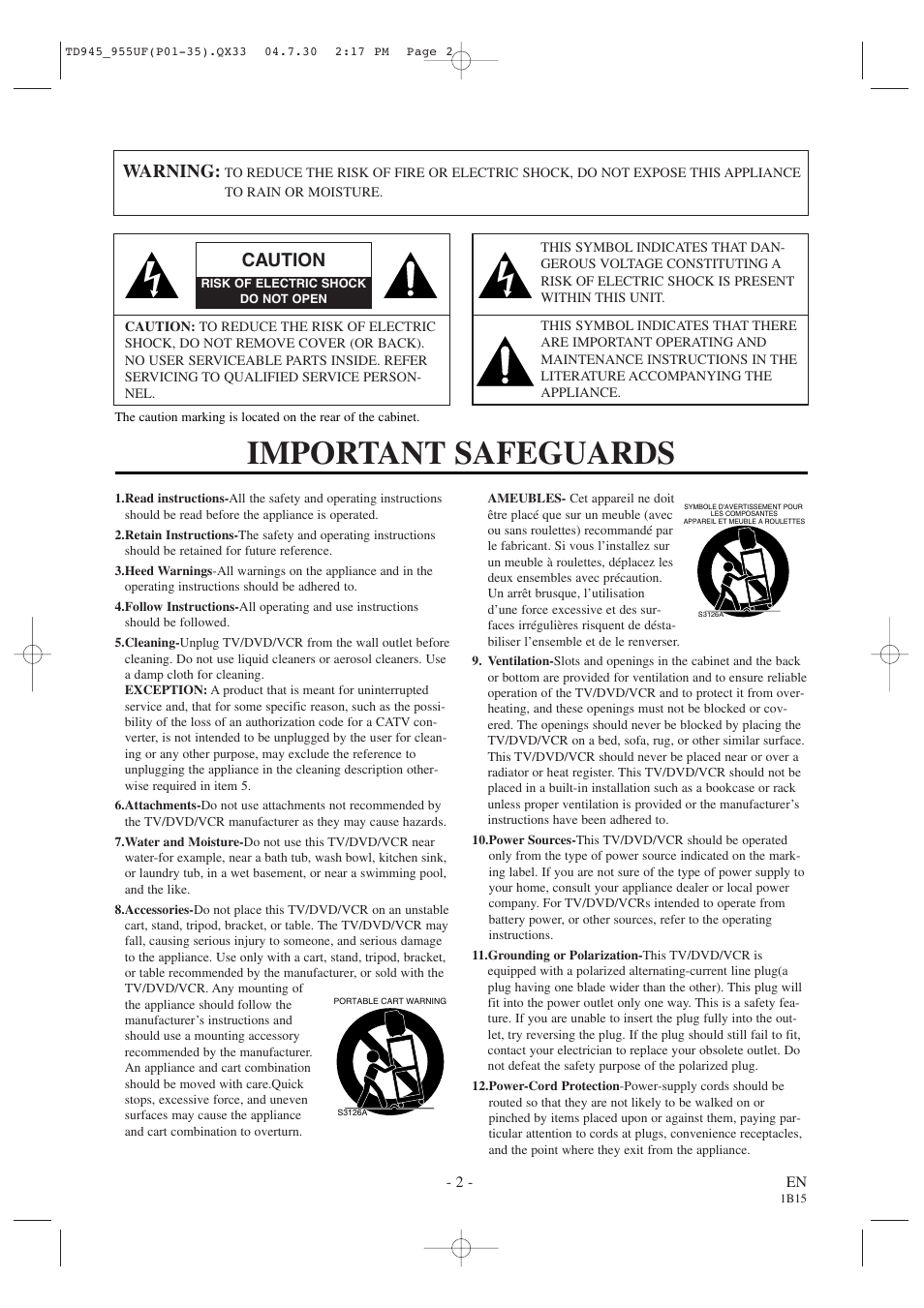 Important safeguards, Warning, Caution | Sylvania SRCD223B User Manual | Page 2 / 56