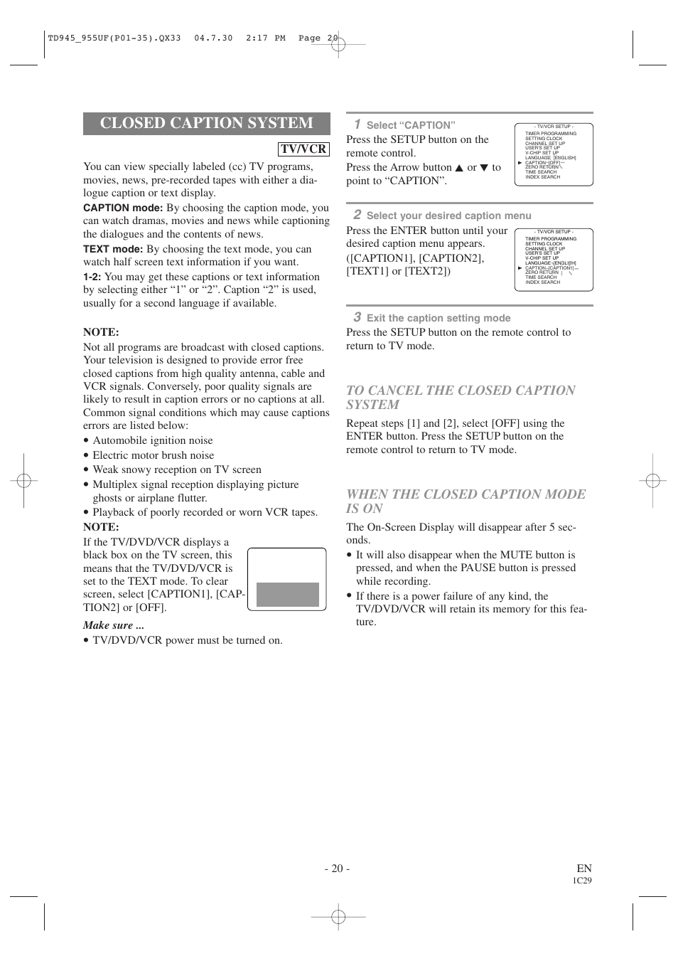Closed caption system, When the closed caption mode is on | Sylvania SRCD223B User Manual | Page 20 / 56