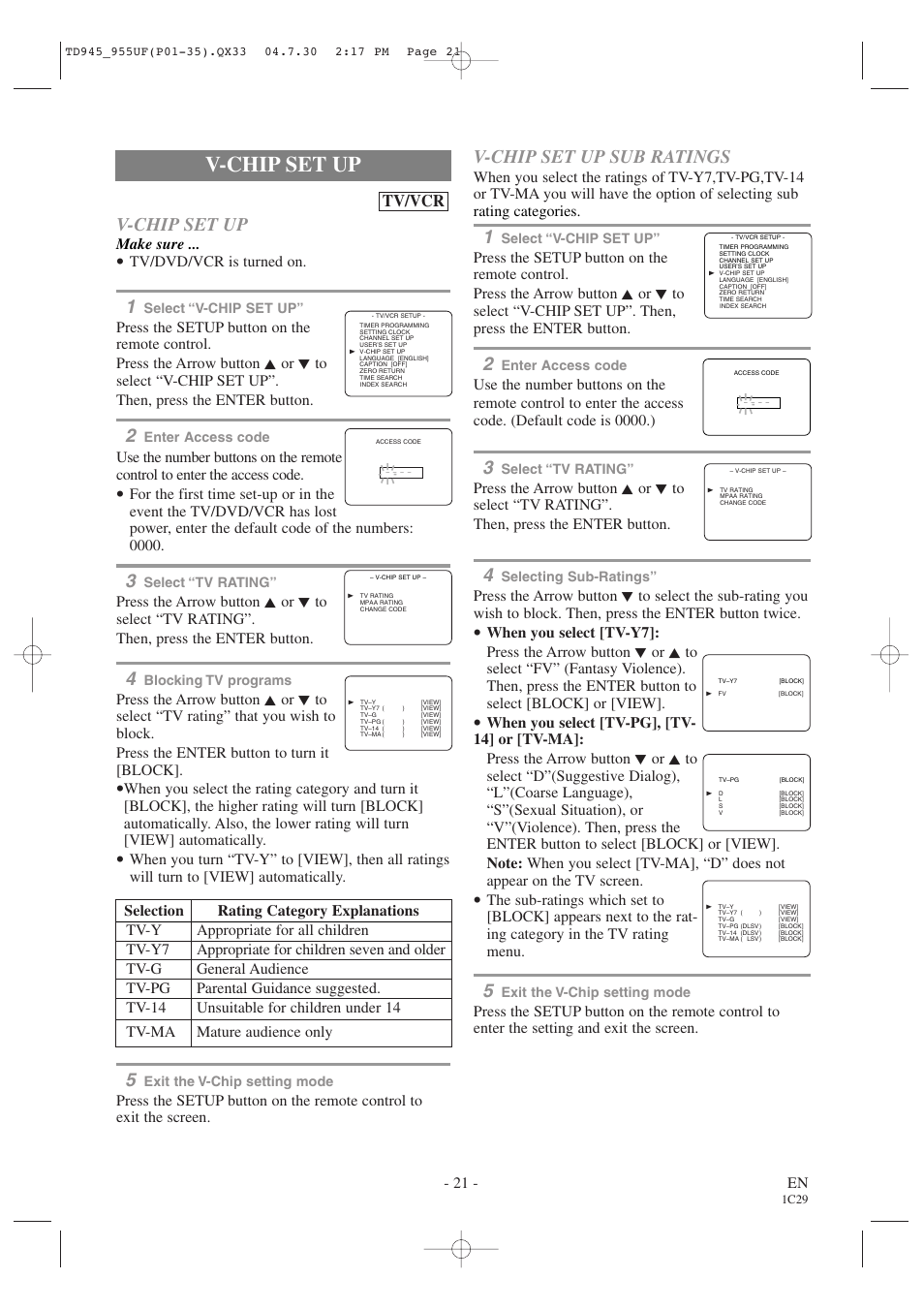 V-chip set up, V-chip set up sub ratings, Tv/vcr | 21 - en, Make sure, Tv/dvd/vcr is turned on | Sylvania SRCD223B User Manual | Page 21 / 56
