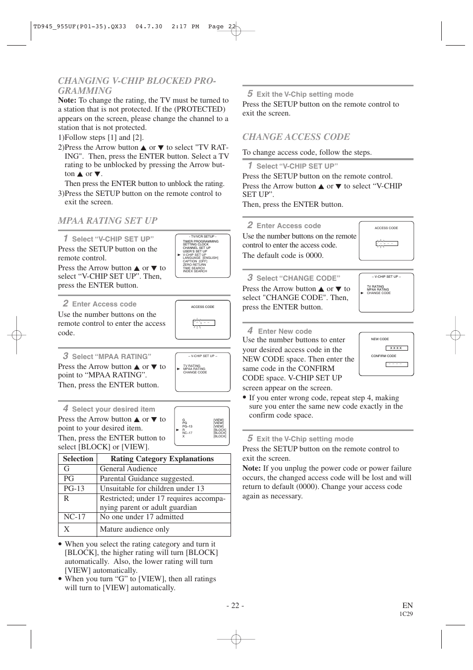 Changing v-chip blocked pro- gramming, Mpaa rating set up 1, Change access code | Sylvania SRCD223B User Manual | Page 22 / 56