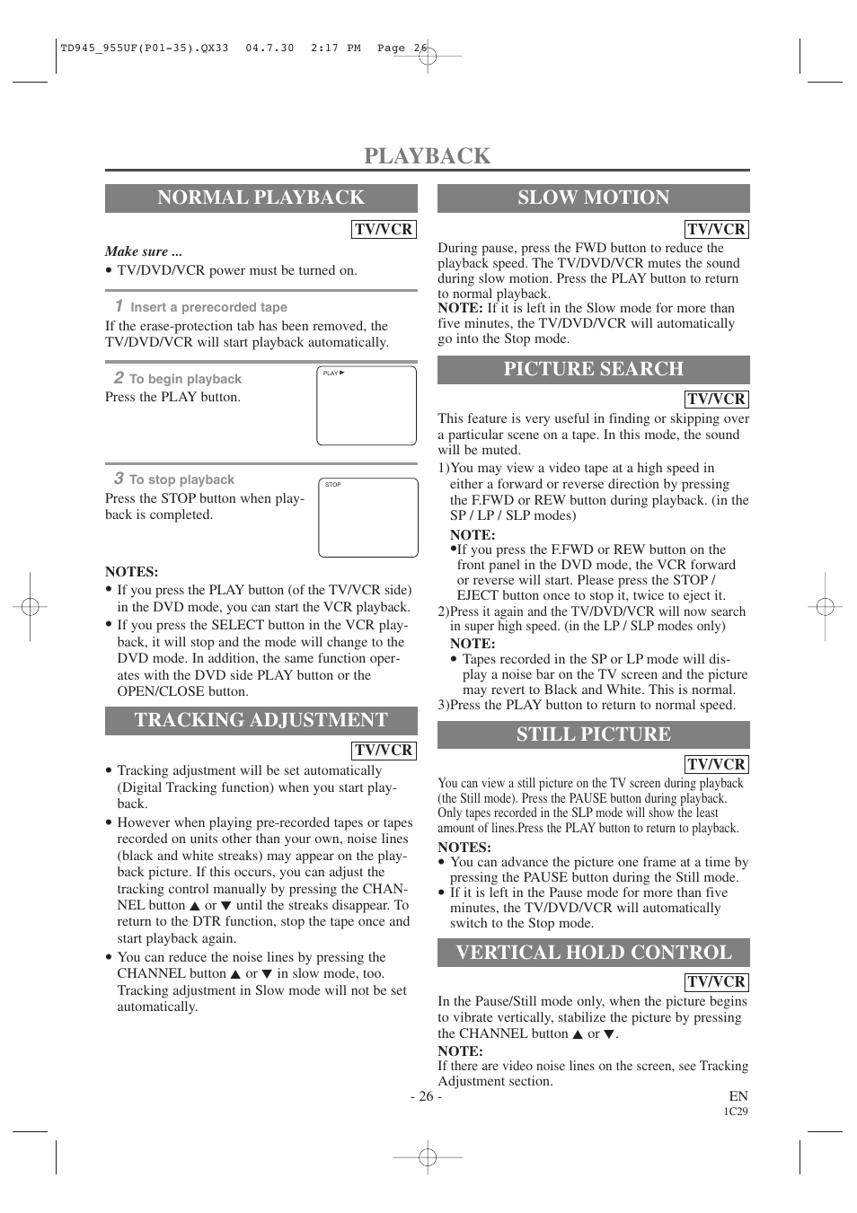 Playback, Normal playback, Tracking adjustment | Picture search, Still picture, Vertical hold control, Slow motion | Sylvania SRCD223B User Manual | Page 26 / 56