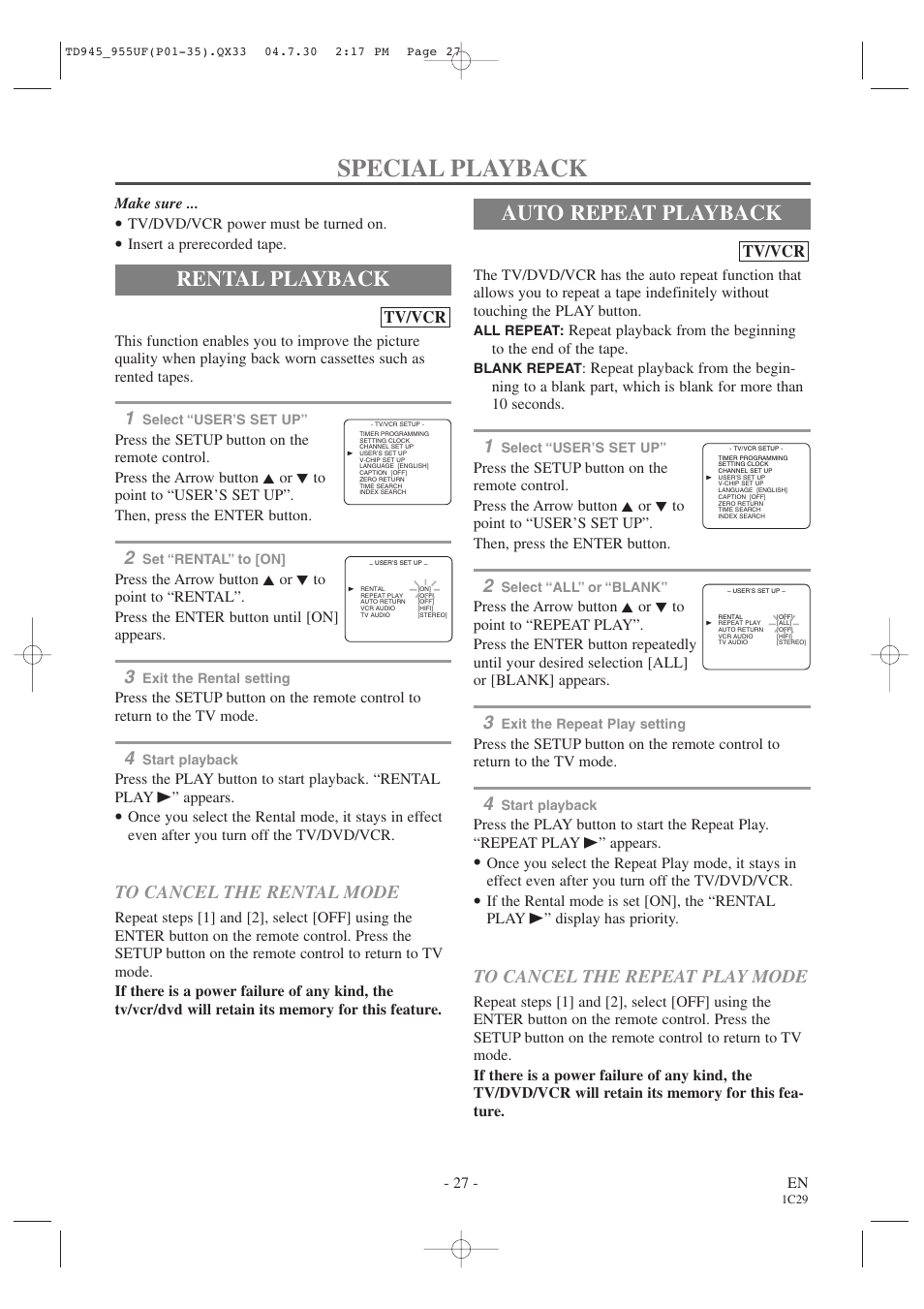 Special playback, Rental playback, Auto repeat playback | Tv/vcr | Sylvania SRCD223B User Manual | Page 27 / 56