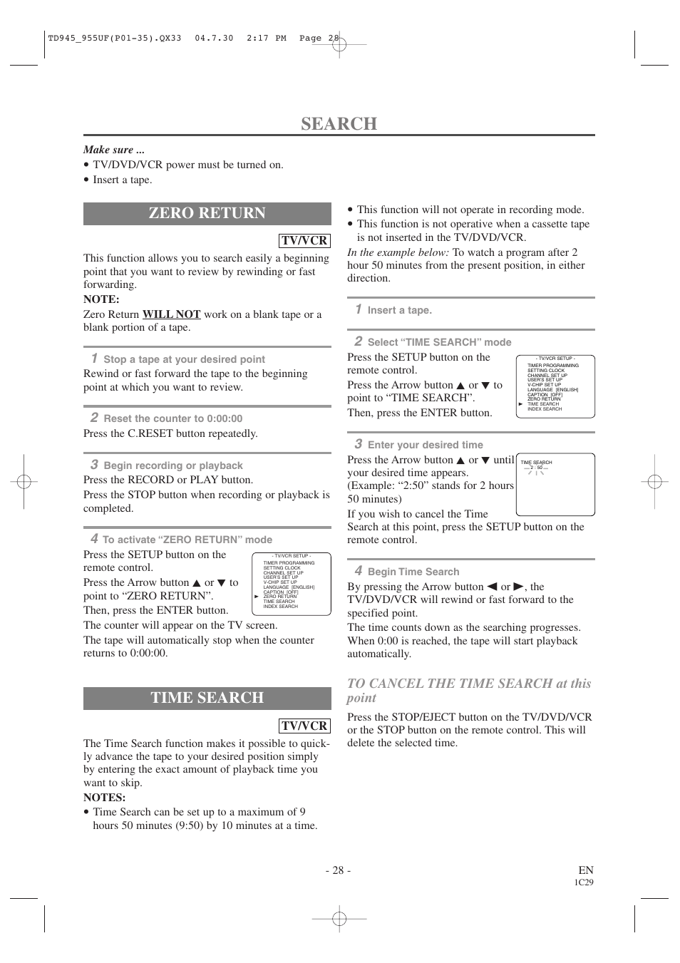 Search, Zero return, Time search | Sylvania SRCD223B User Manual | Page 28 / 56