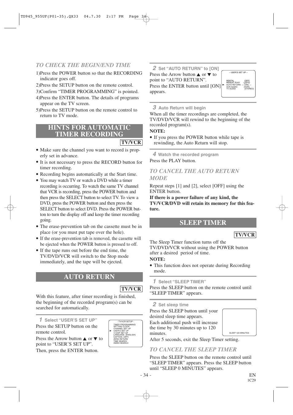 Hints for automatic timer recording, Auto return, Sleep timer | Sylvania SRCD223B User Manual | Page 34 / 56