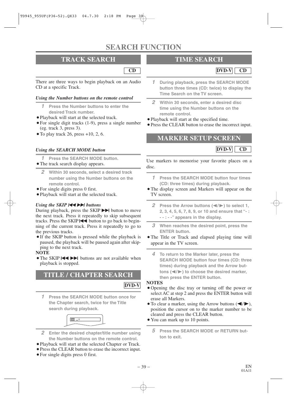 Search function, Track search, Title / chapter search | Time search, Marker setup screen | Sylvania SRCD223B User Manual | Page 39 / 56