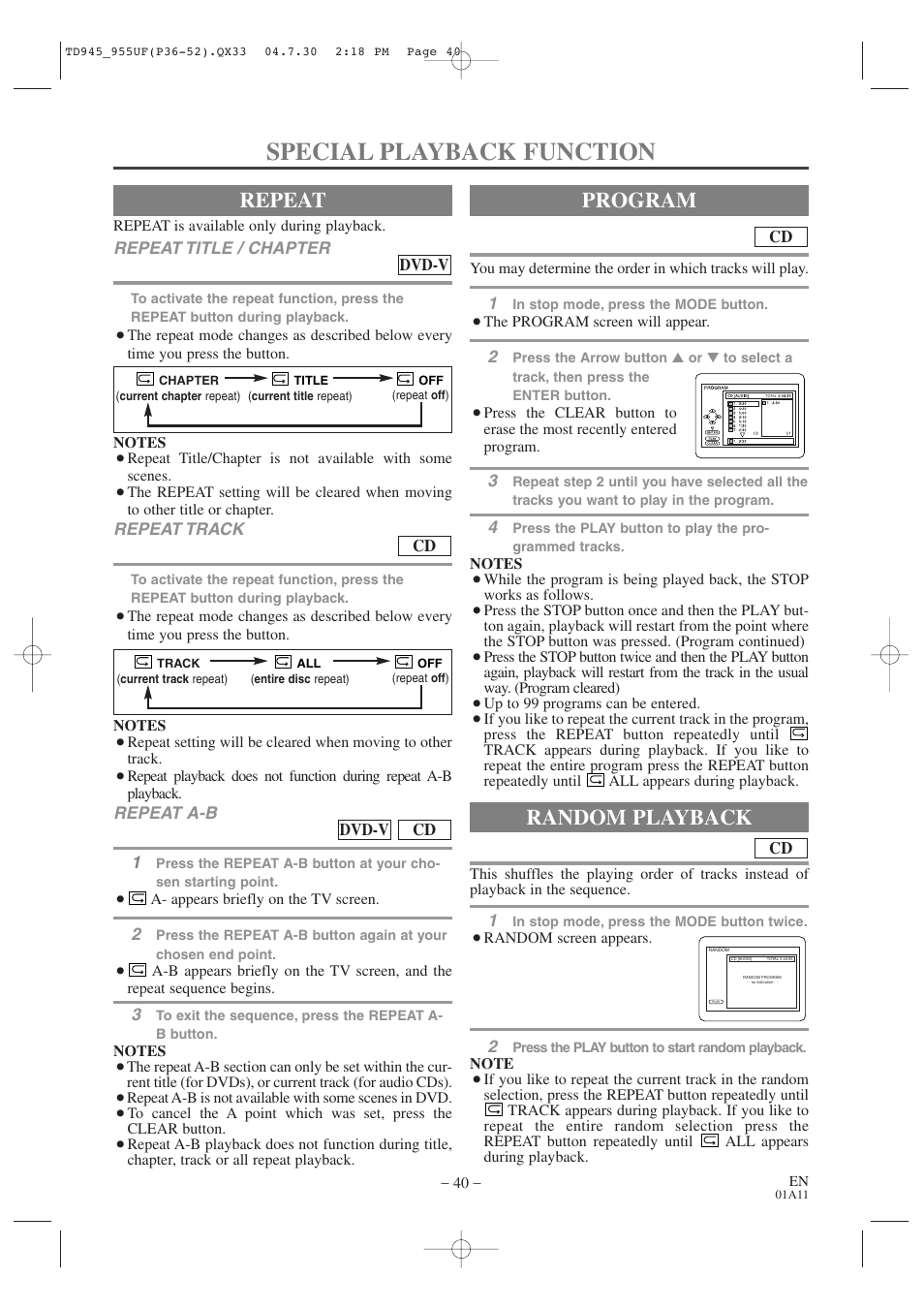 Special playback function, Repeat, Program | Random playback | Sylvania SRCD223B User Manual | Page 40 / 56