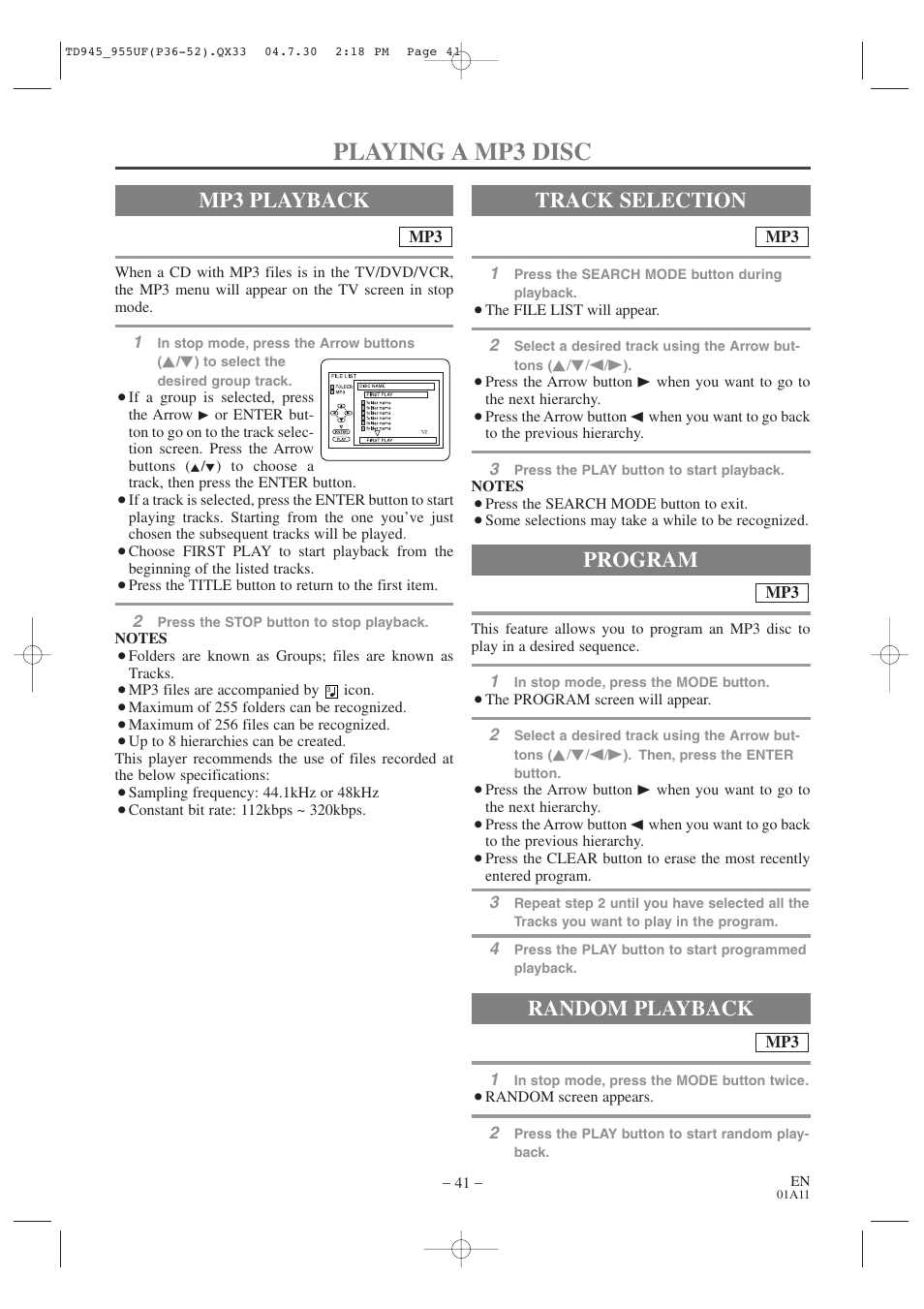 Playing a mp3 disc, Mp3 playback, Track selection random playback | Program | Sylvania SRCD223B User Manual | Page 41 / 56