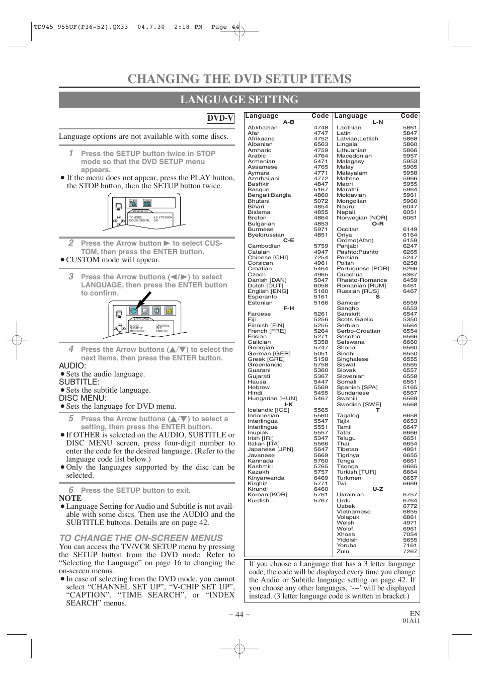 Changing the dvd setup items, Language setting, Dvd-v | Language options are not available with some discs, Custom mode will appear, Audio, Sets the audio language. subtitle, Sets the subtitle language. disc menu, Sets the language for dvd menu | Sylvania SRCD223B User Manual | Page 44 / 56