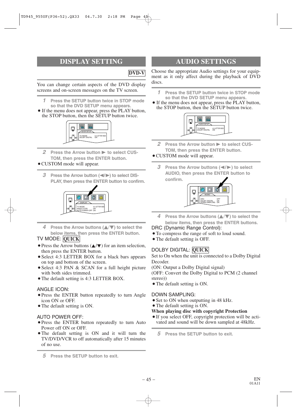 Audio settings, Display setting, Quick | Quick dvd-v | Sylvania SRCD223B User Manual | Page 45 / 56