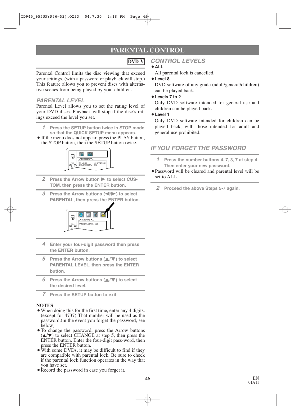 Parental control, Control levels, If you forget the password | Sylvania SRCD223B User Manual | Page 46 / 56