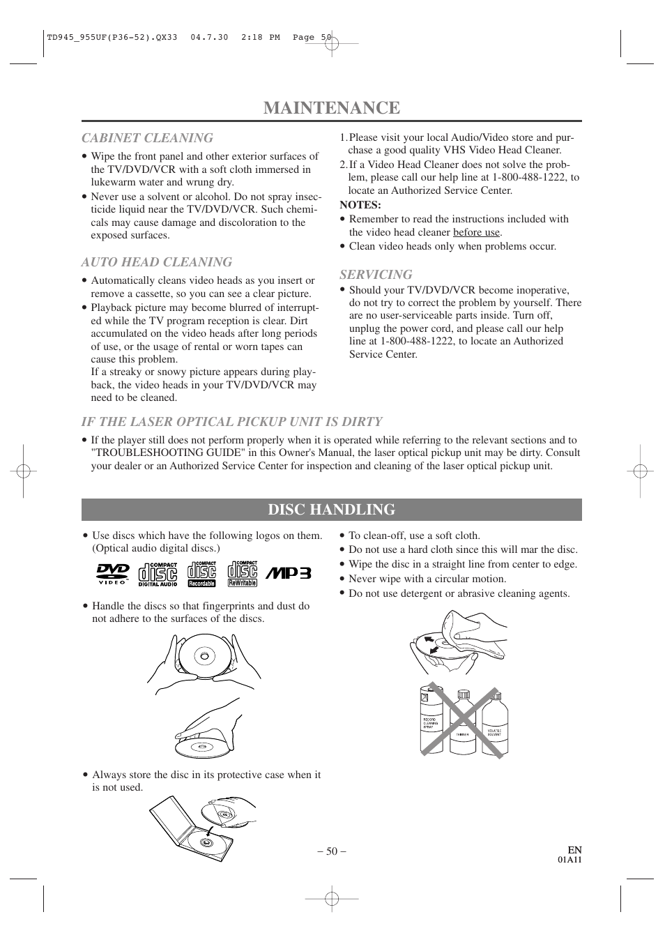 Maintenance, Disc handling | Sylvania SRCD223B User Manual | Page 50 / 56