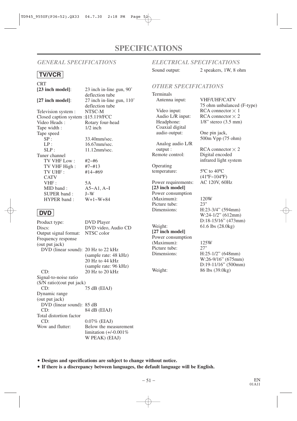 Specifications | Sylvania SRCD223B User Manual | Page 51 / 56